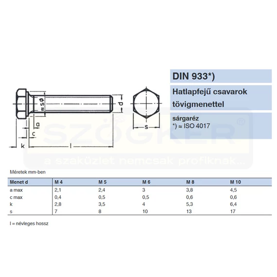 HLF CSAVAR M5*12 DIN 933 SÁRGARÉZ TM IMPORT